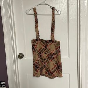 BEIGE PLAID SKIRT WITH SUSPENDERS